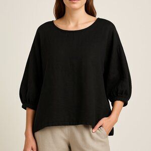 Bryn Walker 100% Linen Black Balloon-Sleeve Top – Made in USA – Size M